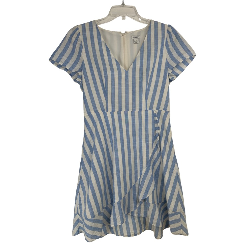J.Crew Striped Dress Size 6 Ruffle Nautical‎ Coastal Quiet Luxury Preppy V-Neck